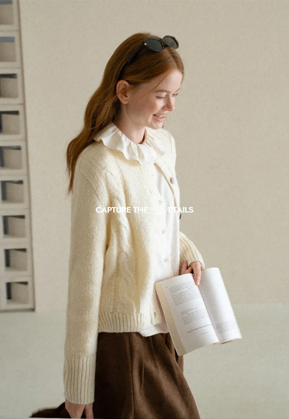 Ruffled Collar Cable Knit Cardigan Sweater