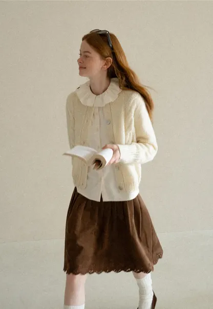 Ruffled Collar Cable Knit Cardigan Sweater