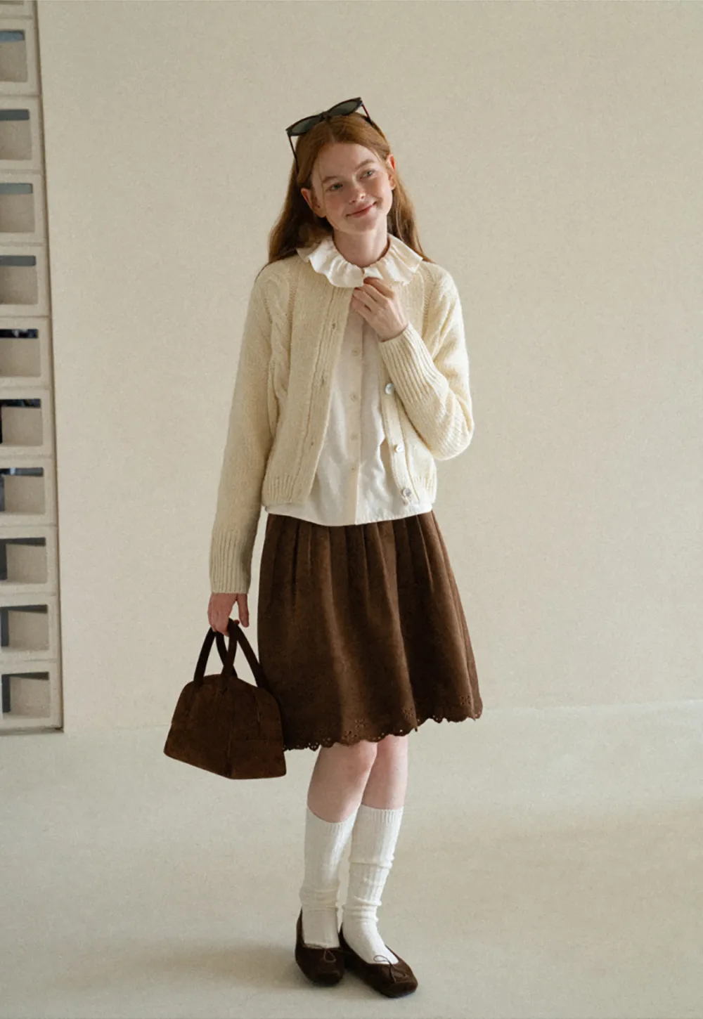 Ruffled Collar Cable Knit Cardigan Sweater