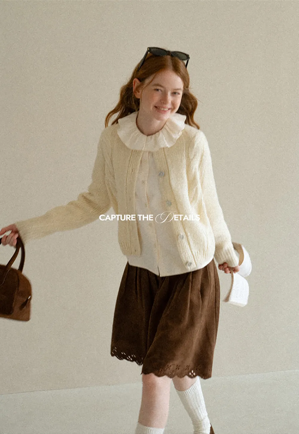 Ruffled Collar Cable Knit Cardigan Sweater