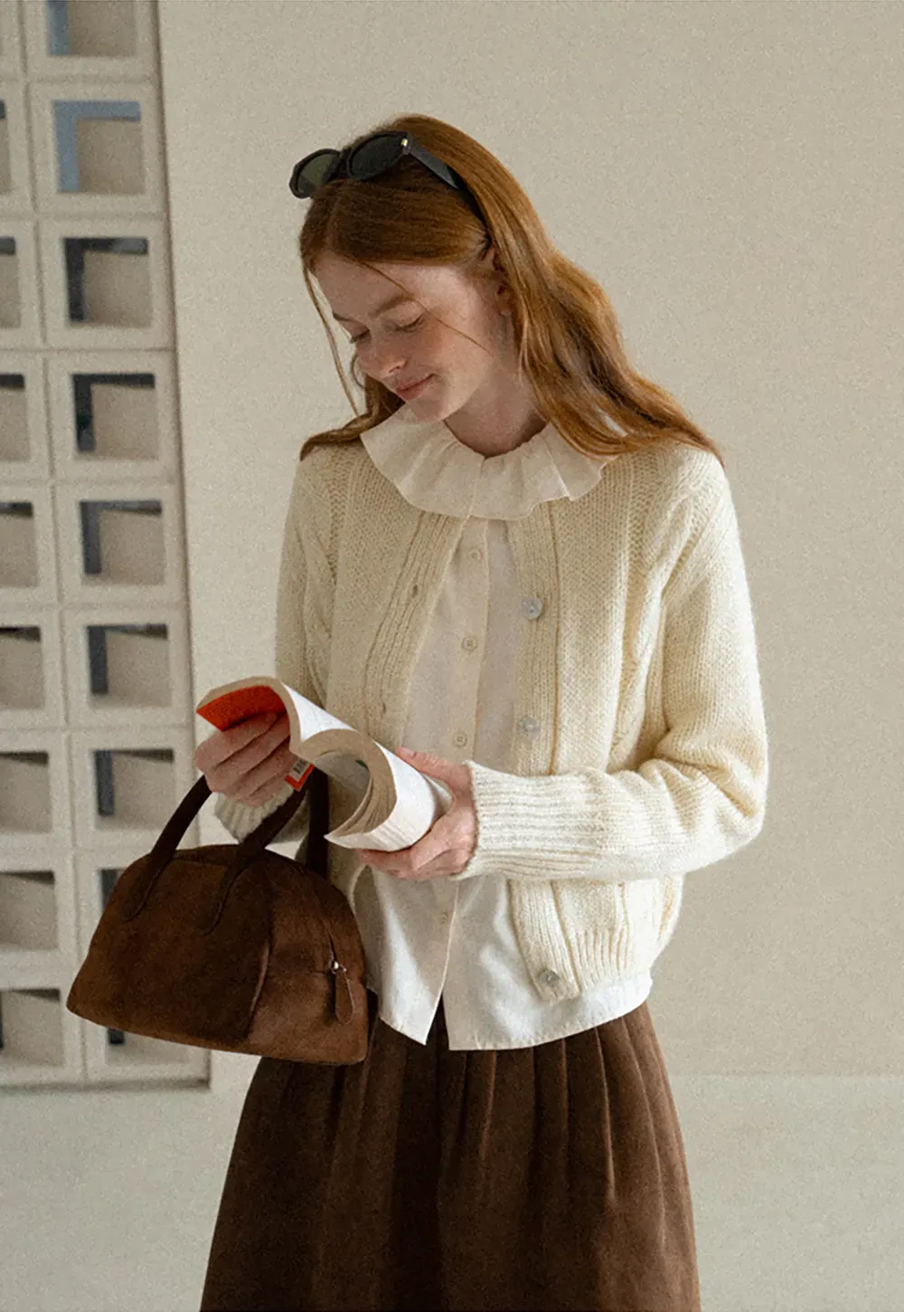 Ruffled Collar Cable Knit Cardigan Sweater