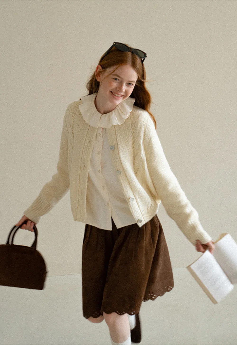 Ruffled Collar Cable Knit Cardigan Sweater