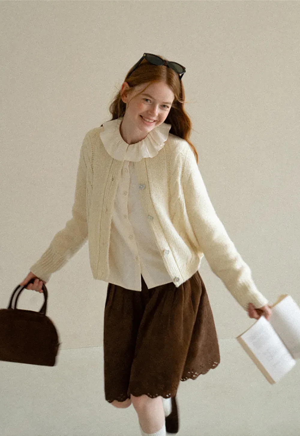 Ruffled Collar Cable Knit Cardigan Sweater