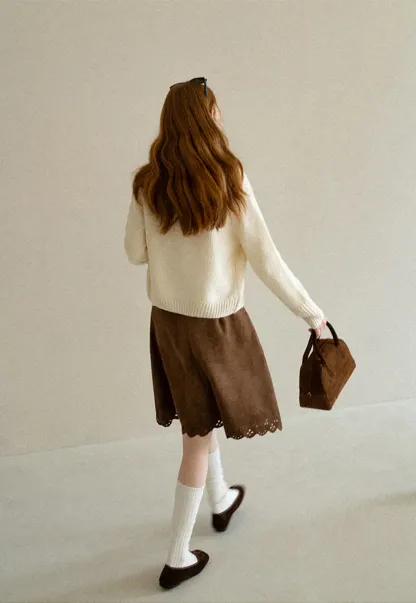 Ruffled Collar Cable Knit Cardigan Sweater