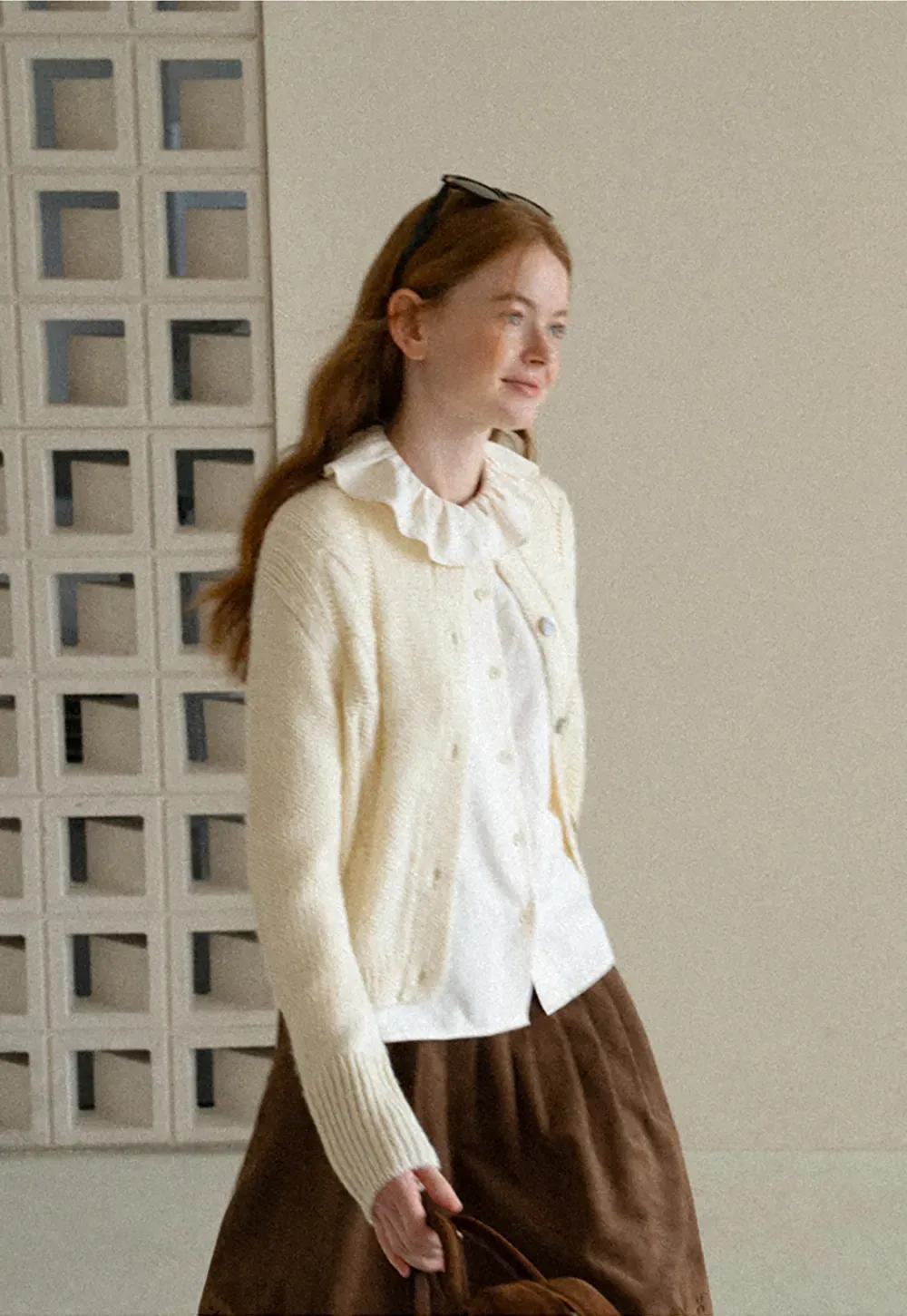 Ruffled Collar Cable Knit Cardigan Sweater