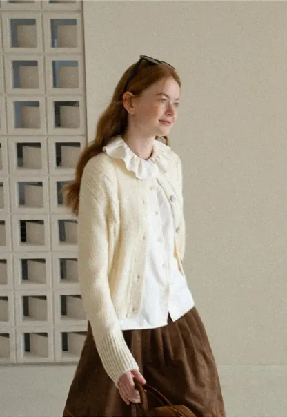 Ruffled Collar Cable Knit Cardigan Sweater