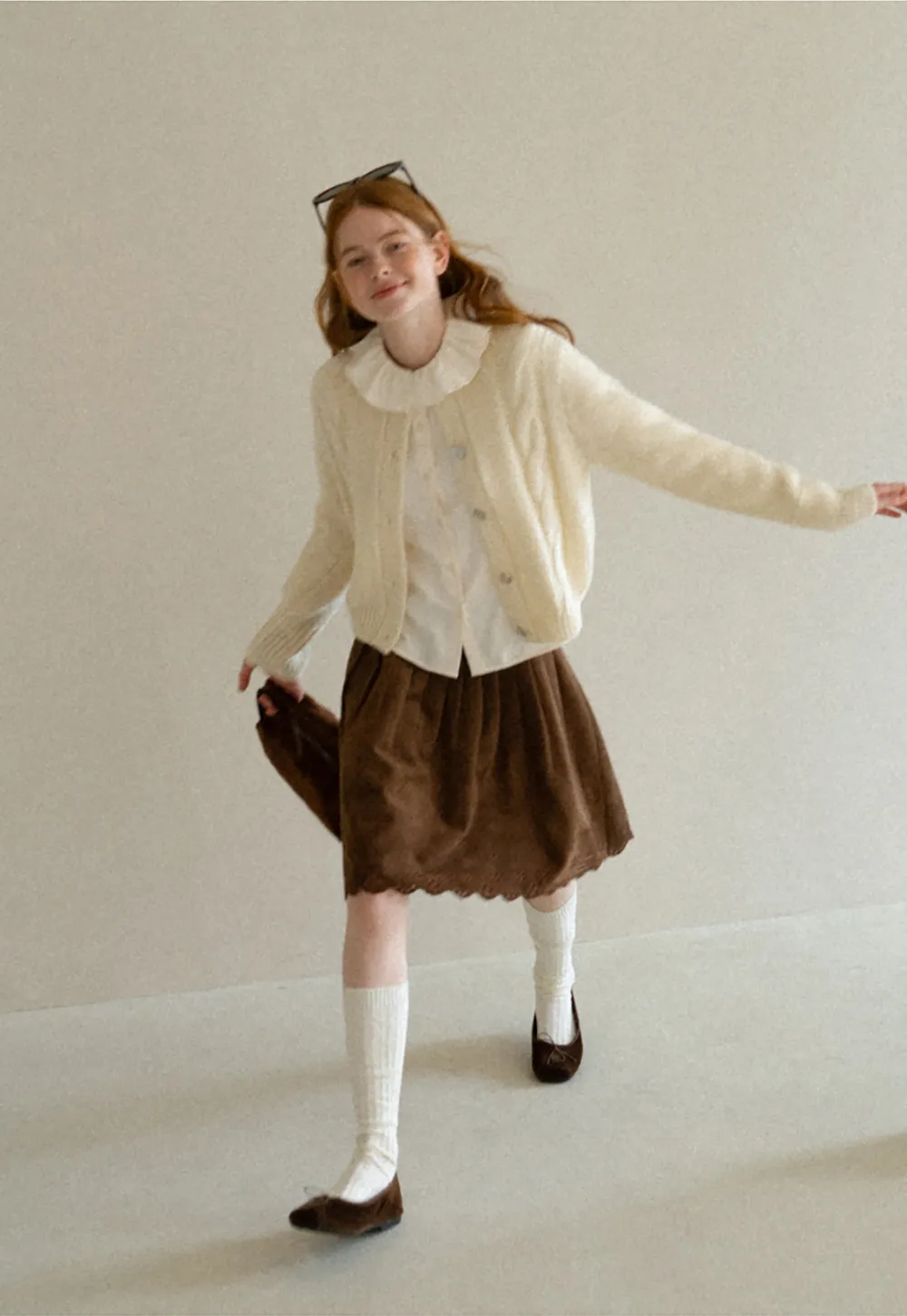 Ruffled Collar Cable Knit Cardigan Sweater