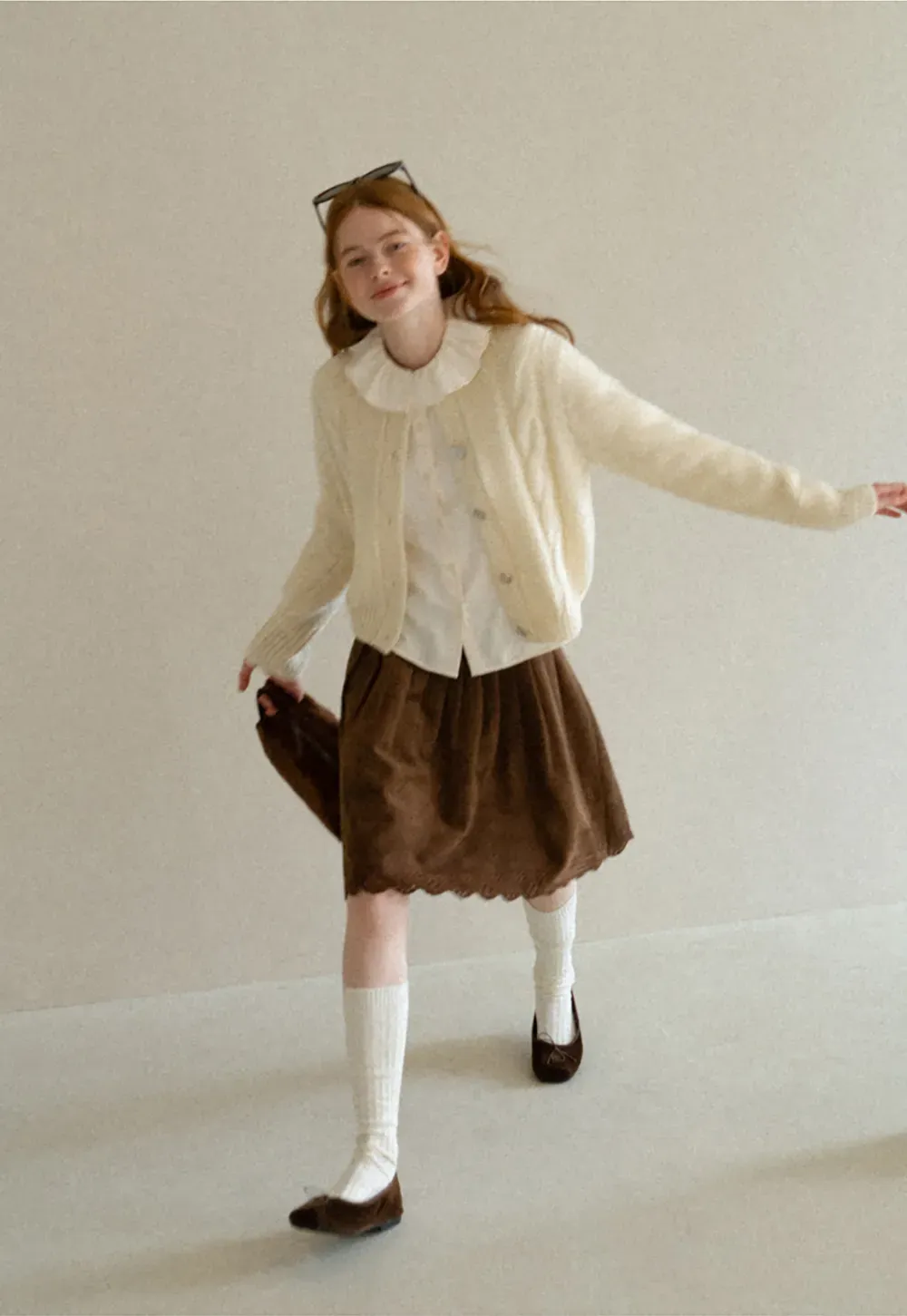 Ruffled Collar Cable Knit Cardigan Sweater