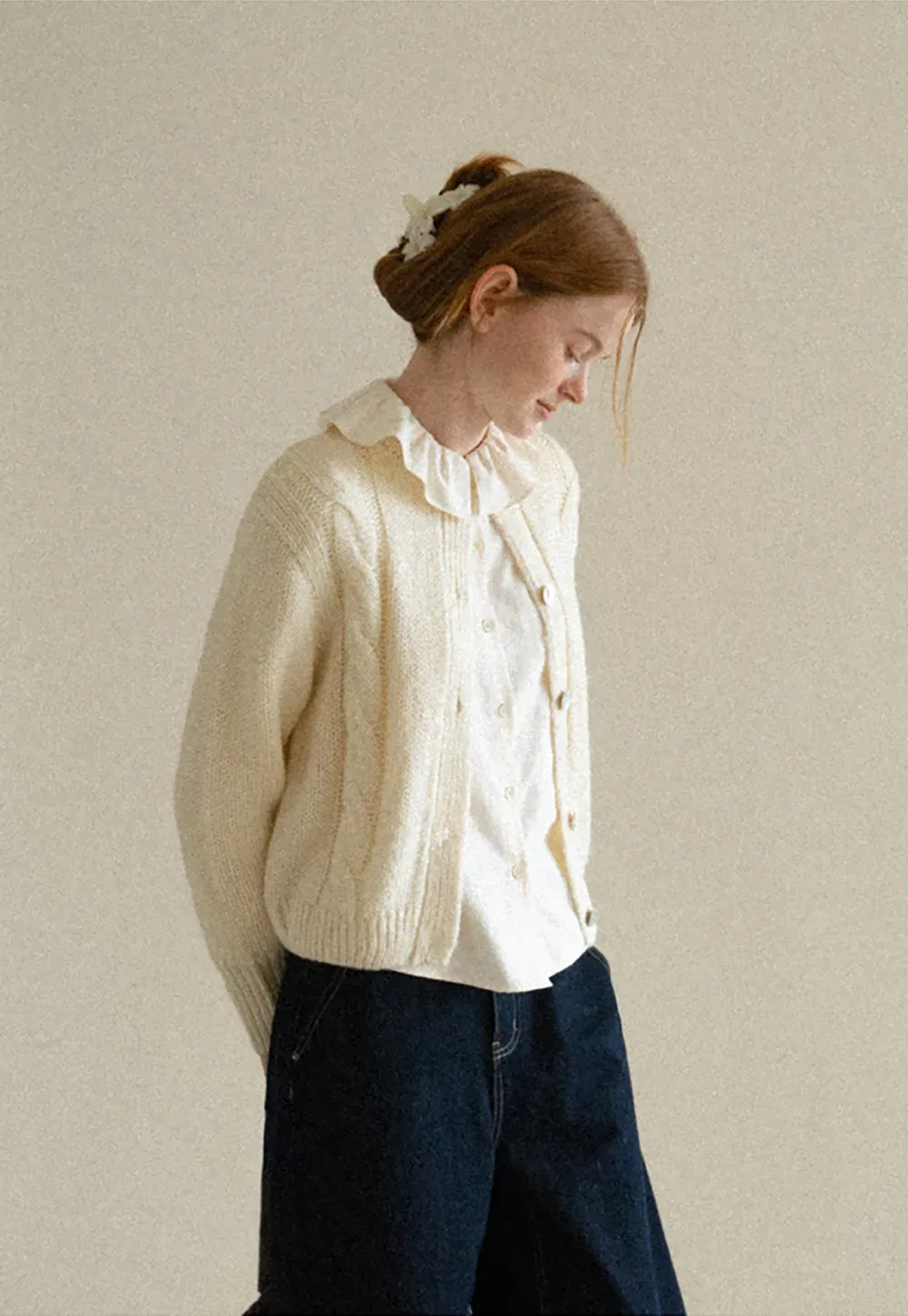 Ruffled Collar Cable Knit Cardigan Sweater