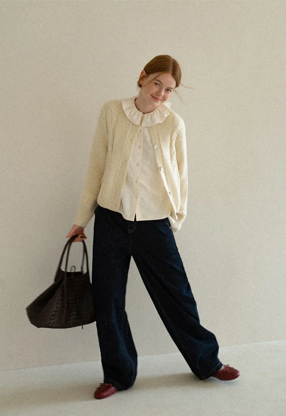Ruffled Collar Cable Knit Cardigan Sweater