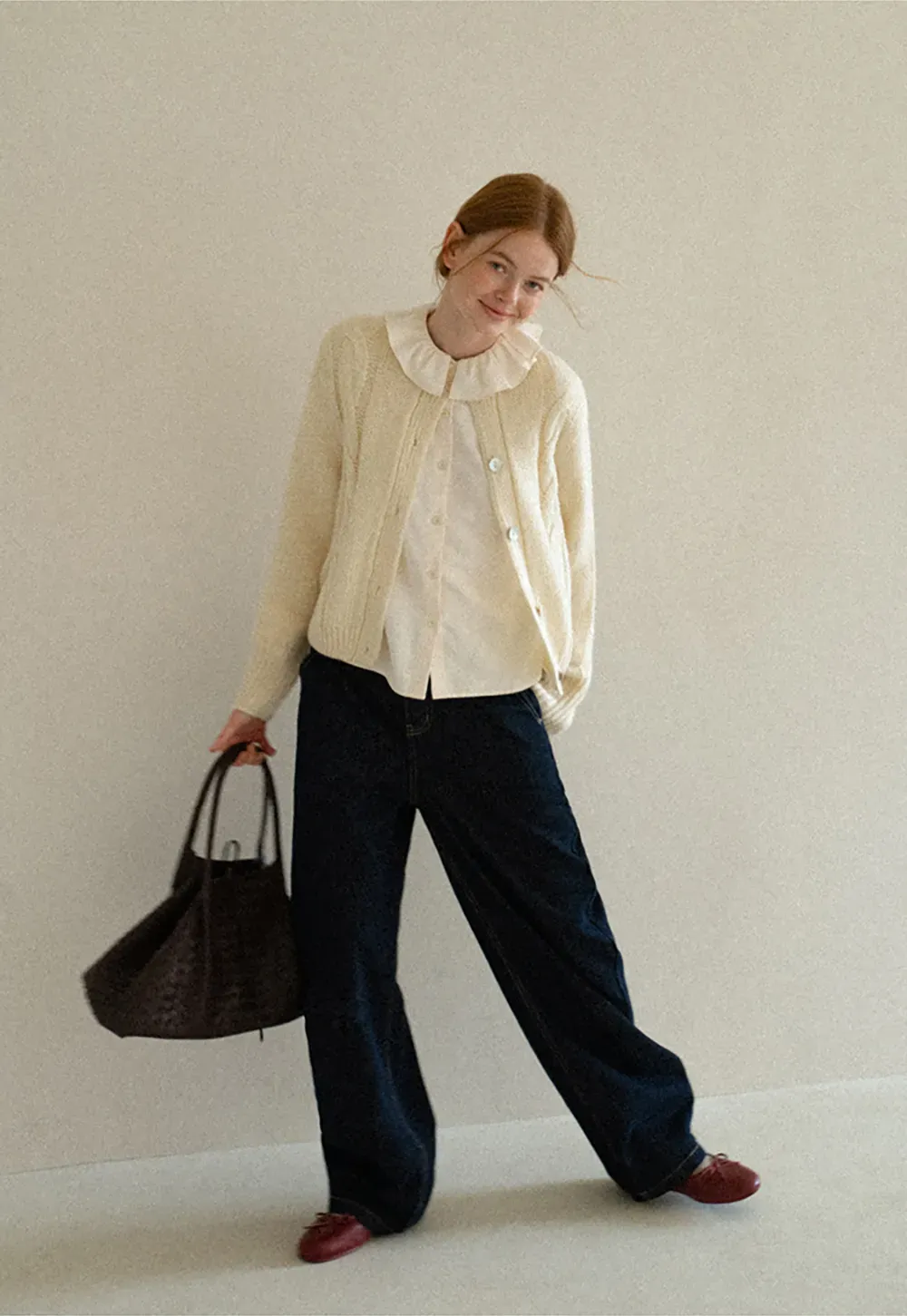 Ruffled Collar Cable Knit Cardigan Sweater