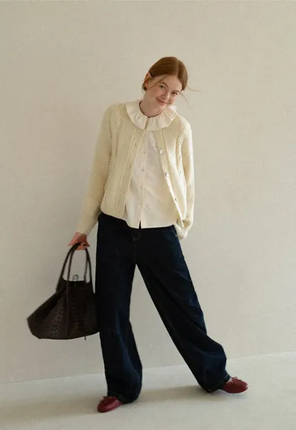 Ruffled Collar Cable Knit Cardigan Sweater