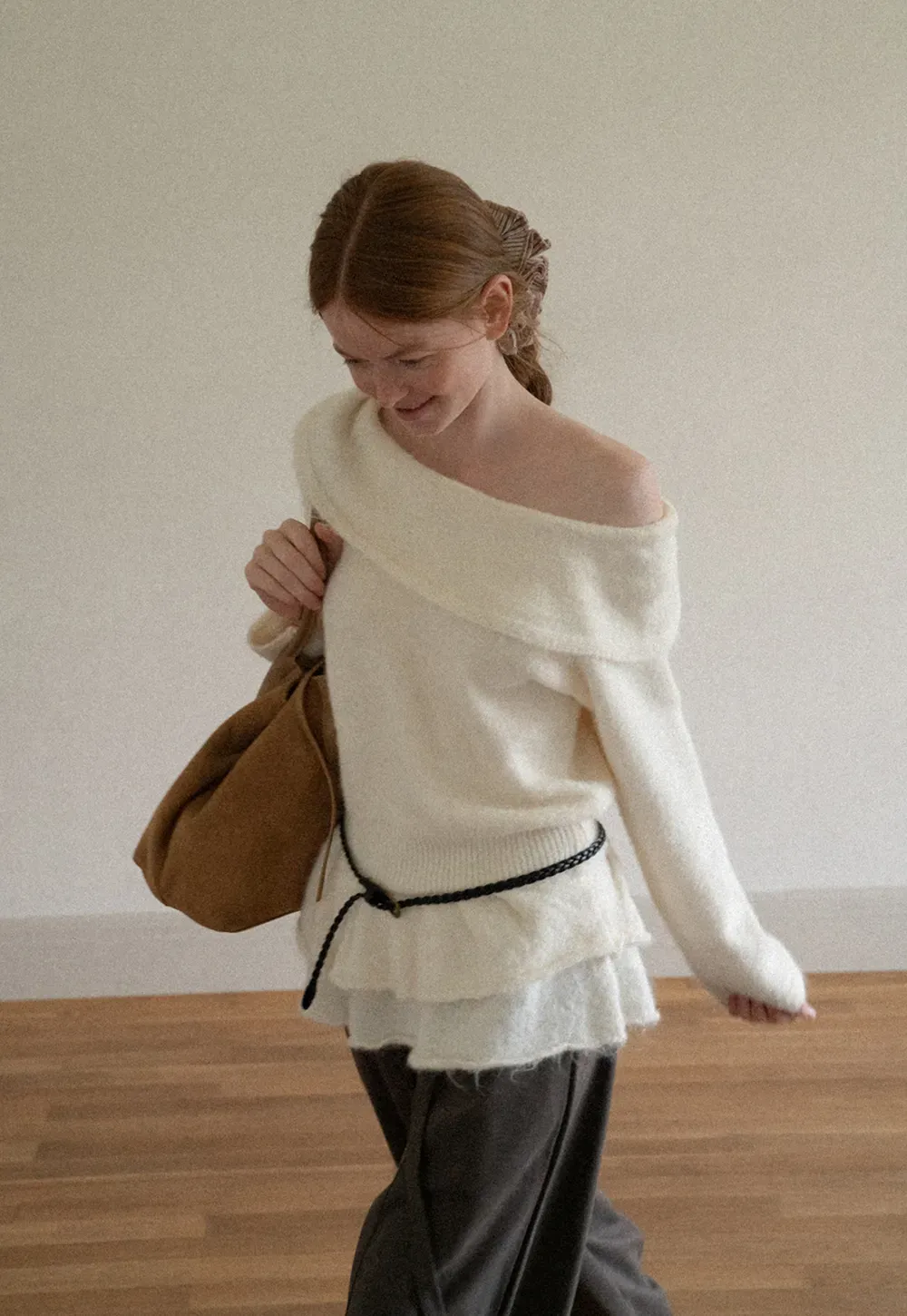 Off Shoulder Asymmetrical Layered Knit Sweater