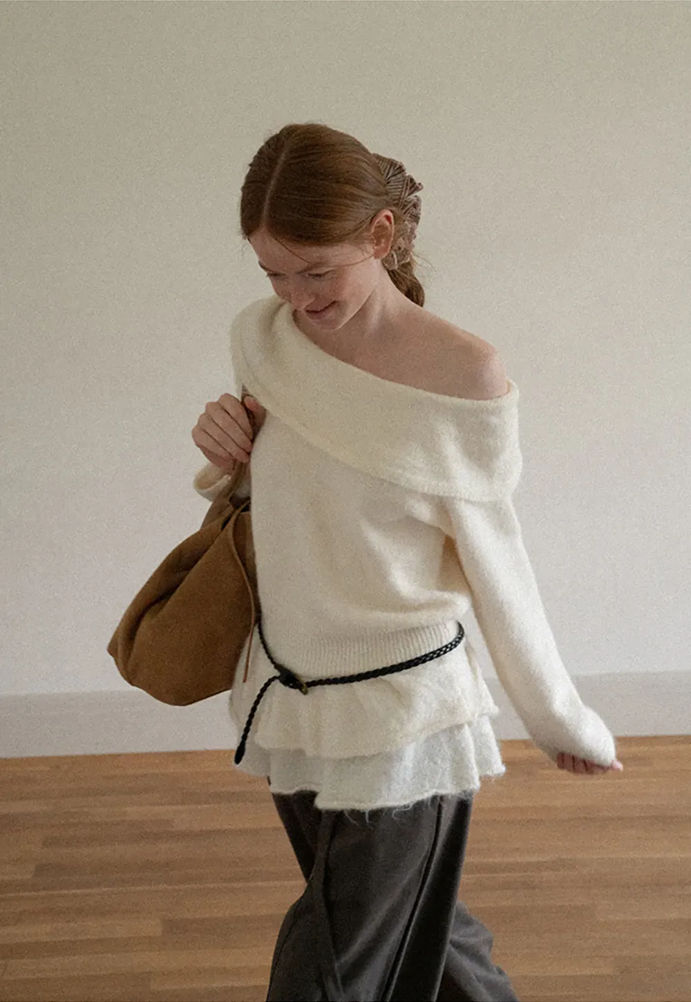 Off Shoulder Asymmetrical Layered Knit Sweater