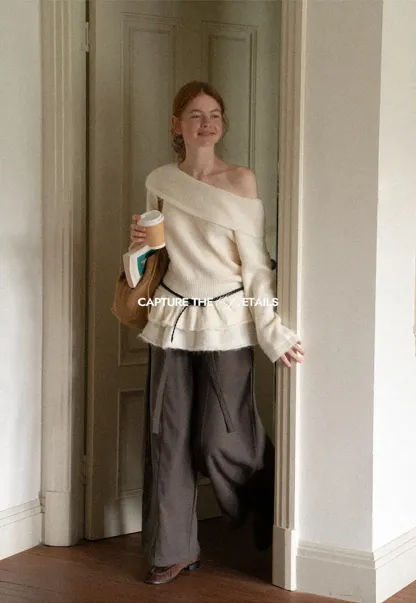 Off Shoulder Asymmetrical Layered Knit Sweater