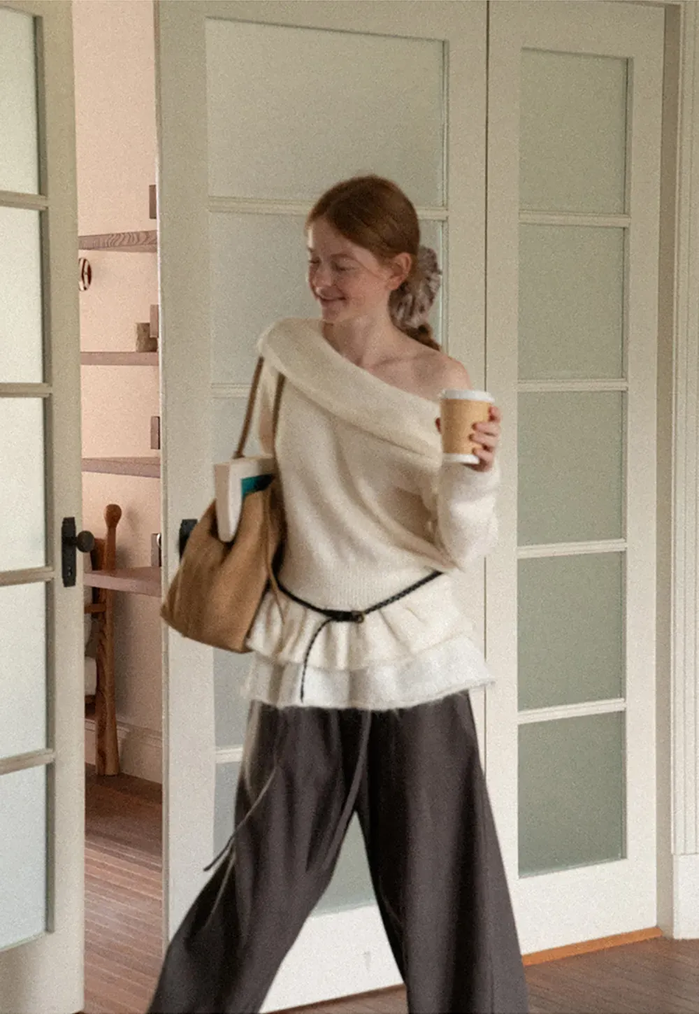 Off Shoulder Asymmetrical Layered Knit Sweater
