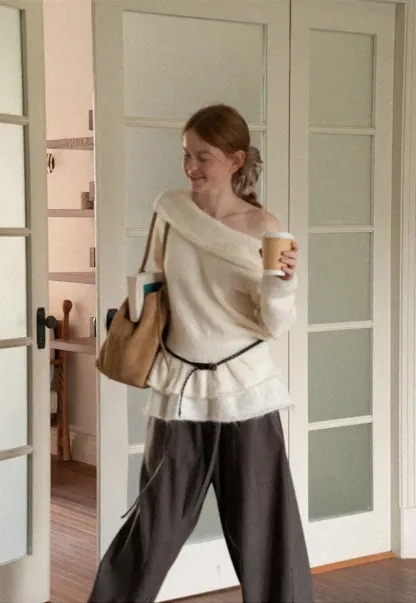 Off Shoulder Asymmetrical Layered Knit Sweater