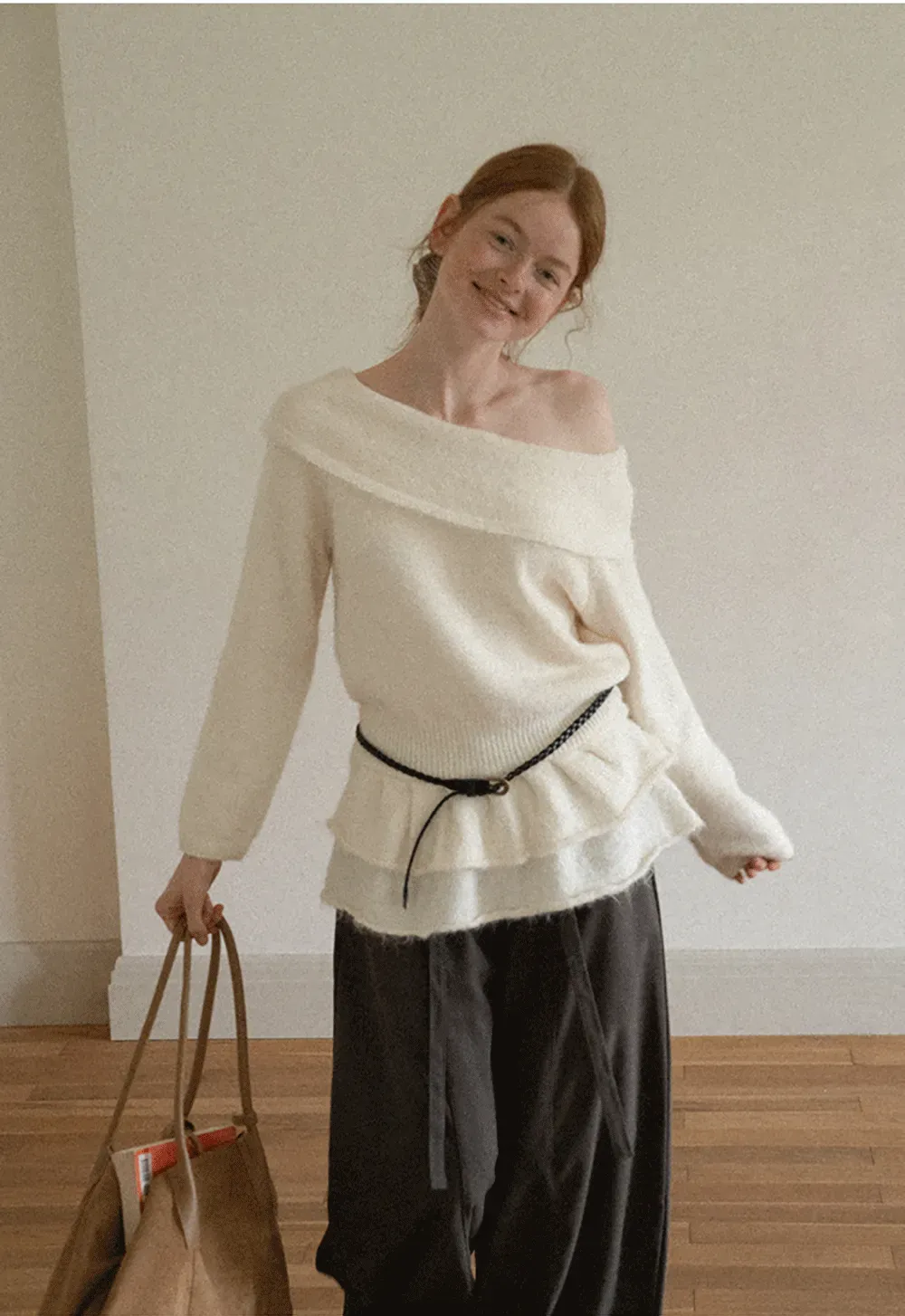Off Shoulder Asymmetrical Layered Knit Sweater