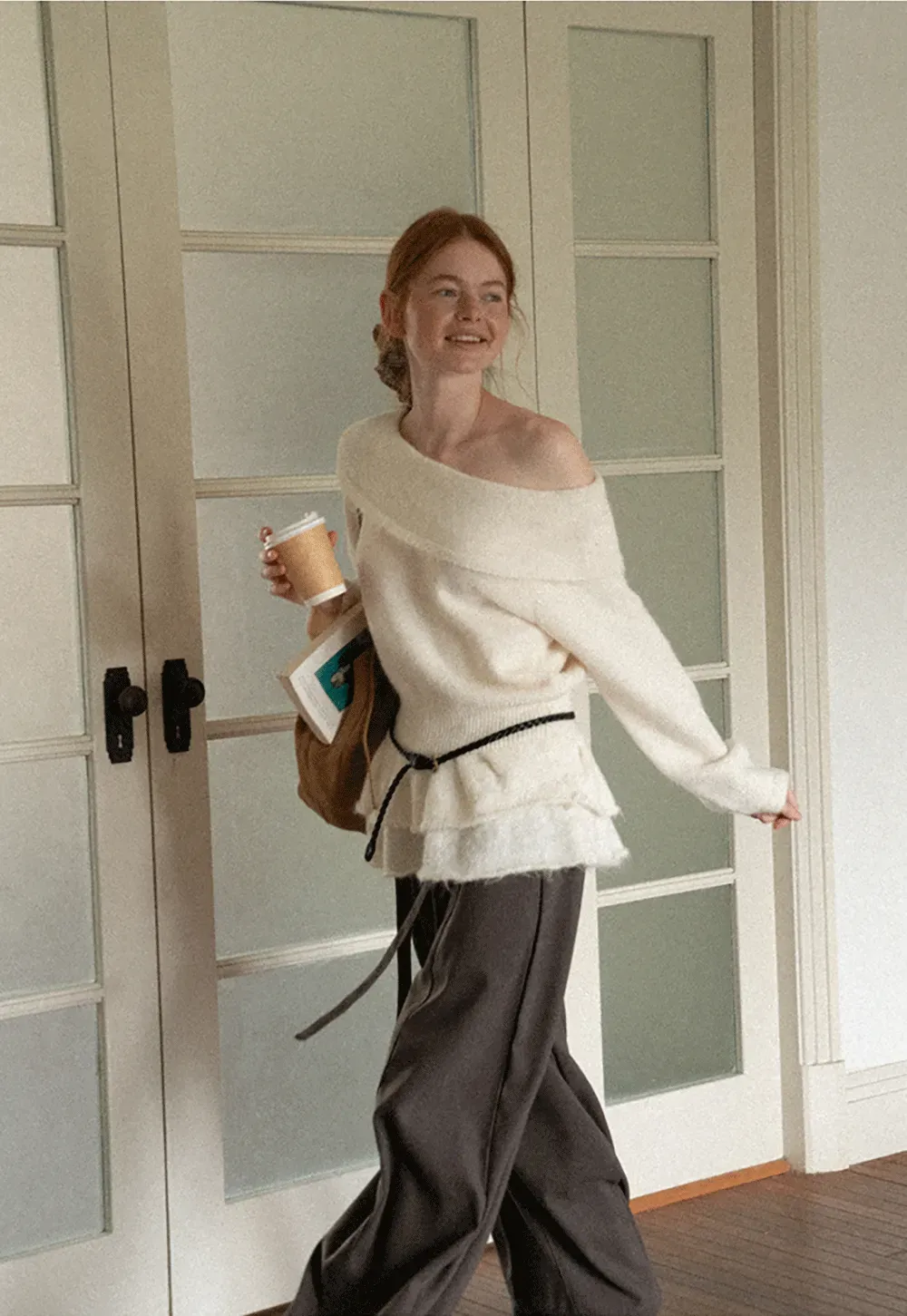 Off Shoulder Asymmetrical Layered Knit Sweater