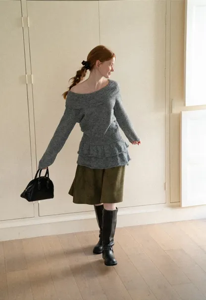 Off Shoulder Asymmetrical Layered Knit Sweater