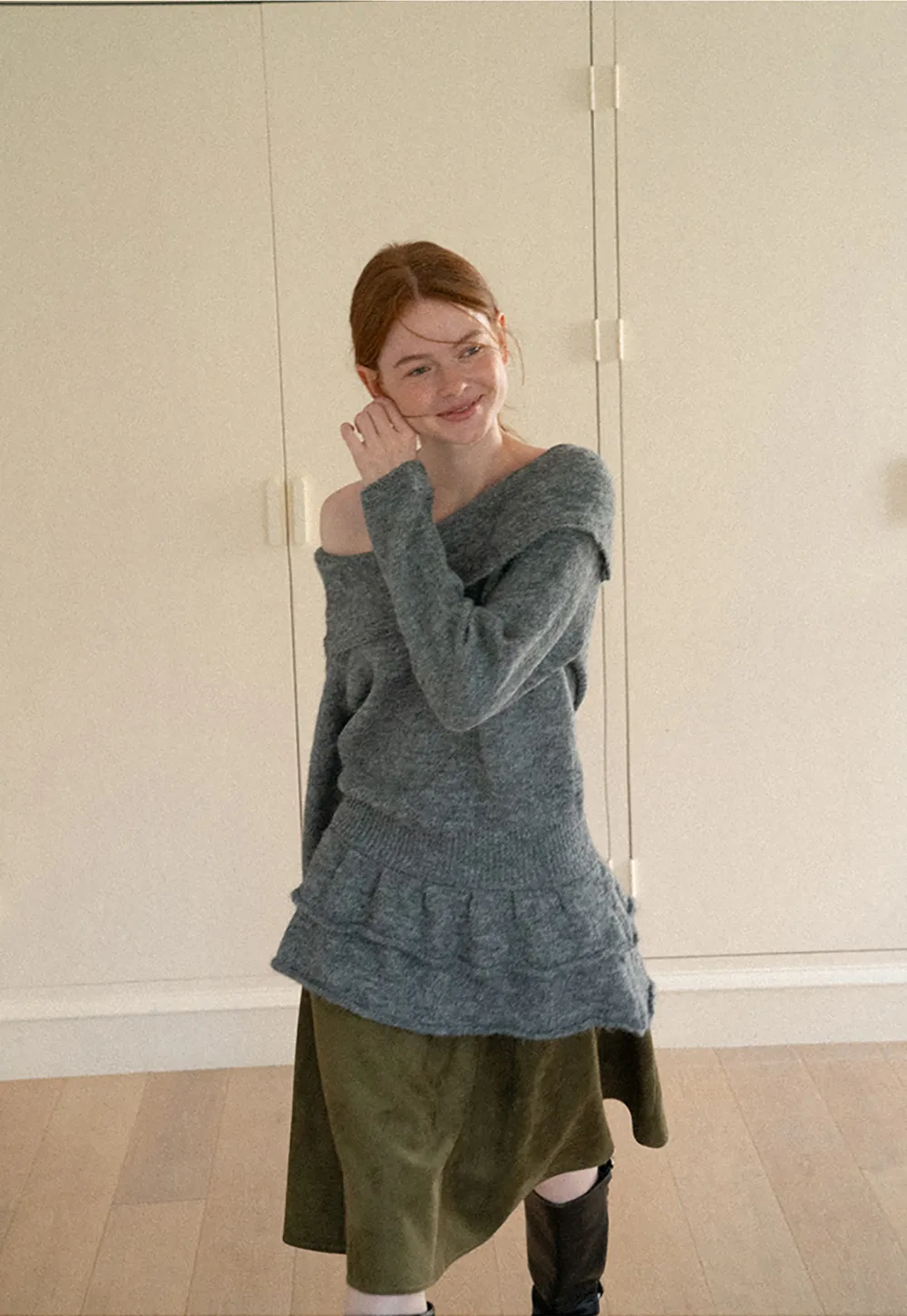 Off Shoulder Asymmetrical Layered Knit Sweater