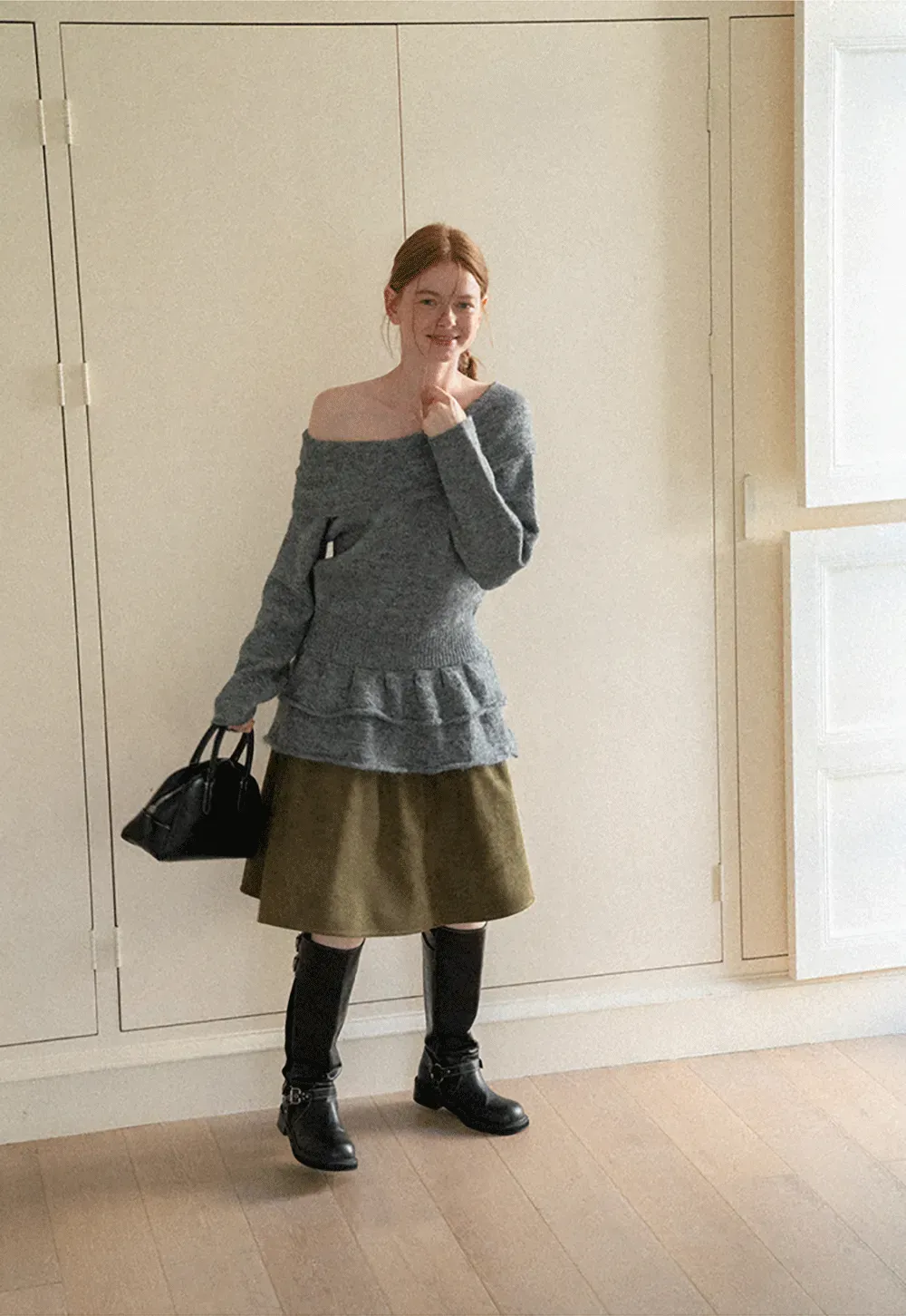Off Shoulder Asymmetrical Layered Knit Sweater