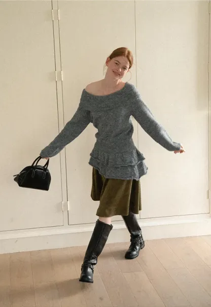 Off Shoulder Asymmetrical Layered Knit Sweater