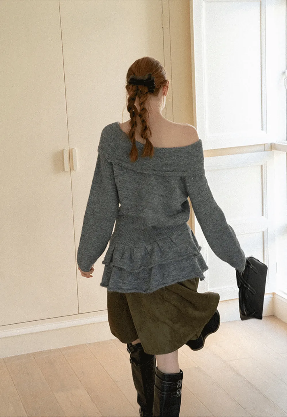 Off Shoulder Asymmetrical Layered Knit Sweater