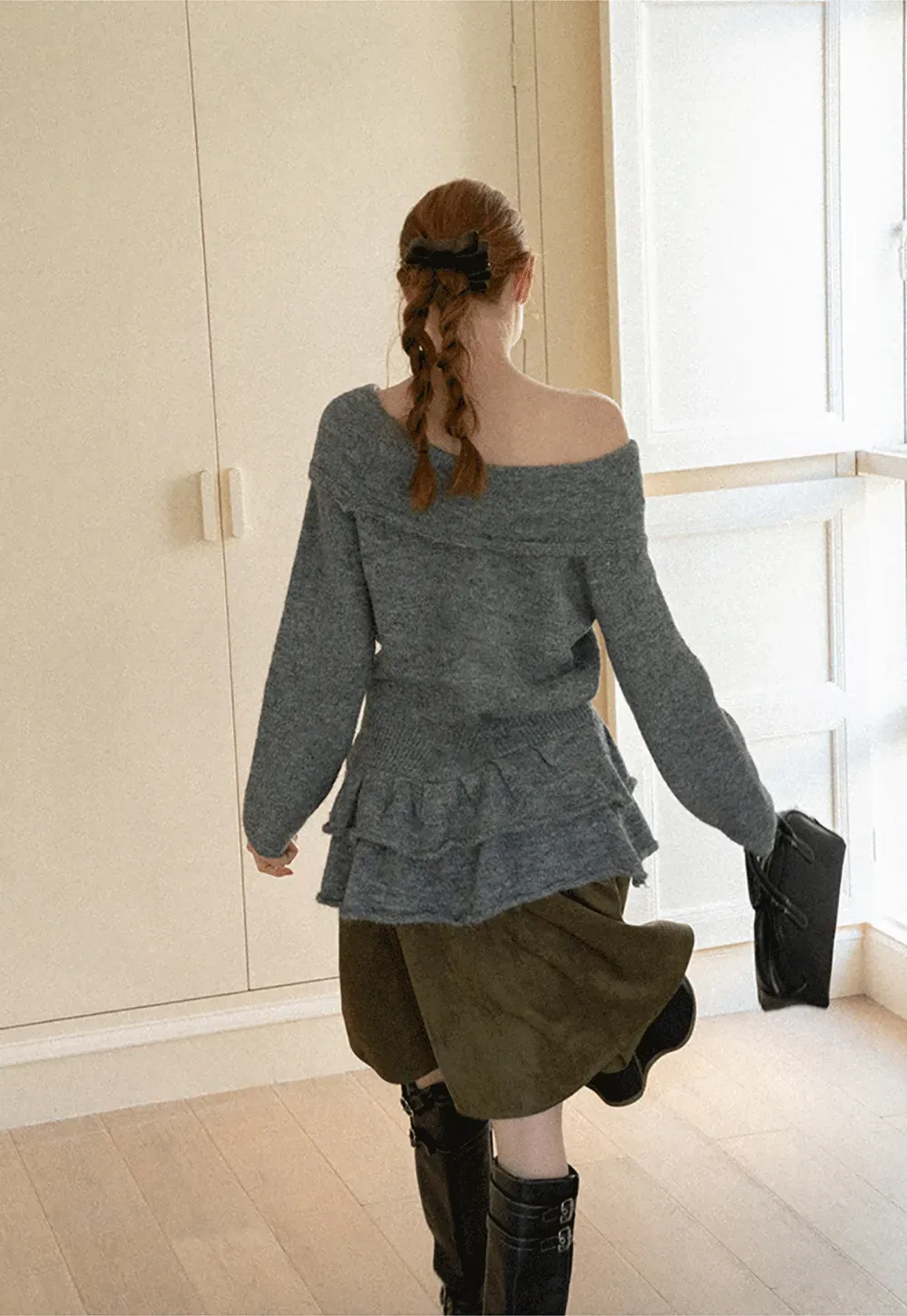Off Shoulder Asymmetrical Layered Knit Sweater