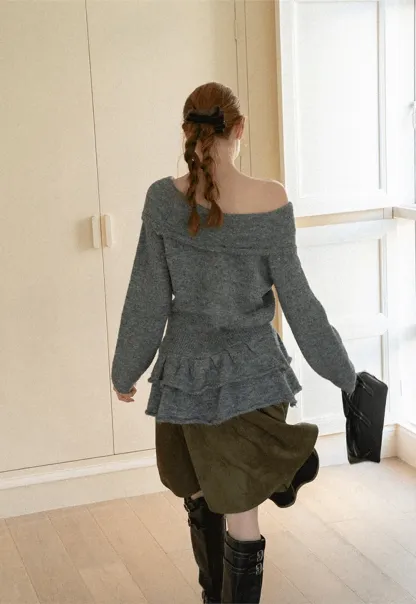 Off Shoulder Asymmetrical Layered Knit Sweater