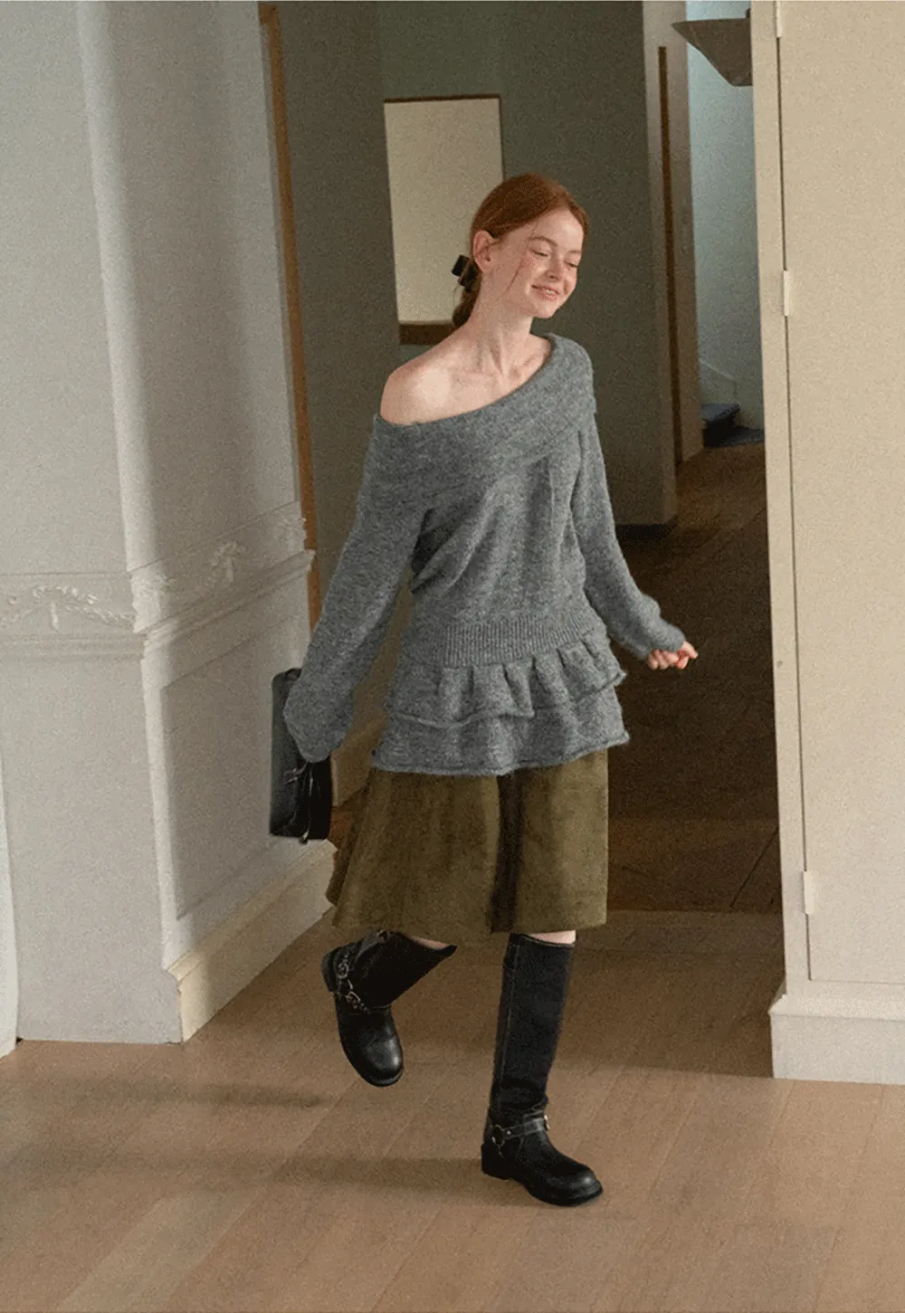 Off Shoulder Asymmetrical Layered Knit Sweater
