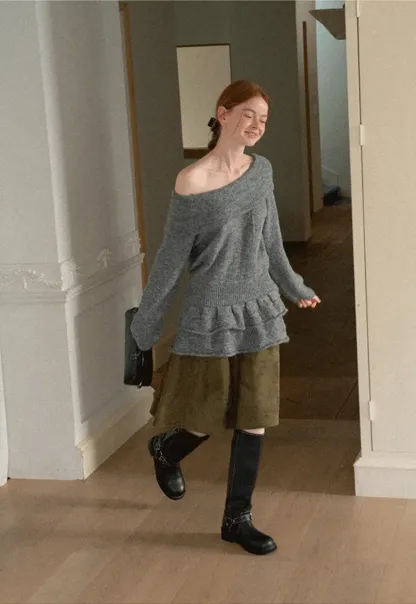 Off Shoulder Asymmetrical Layered Knit Sweater