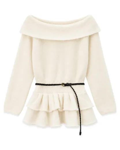 Off Shoulder Asymmetrical Layered Knit Sweater