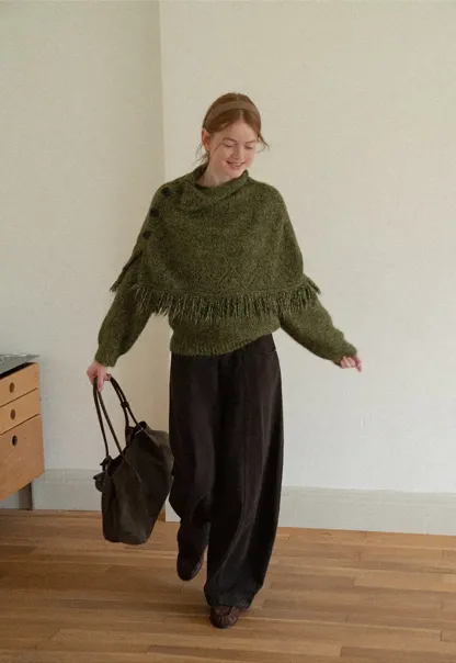 Asymmetrical Buttoned Cowl Neck Oversized Knit Sweater