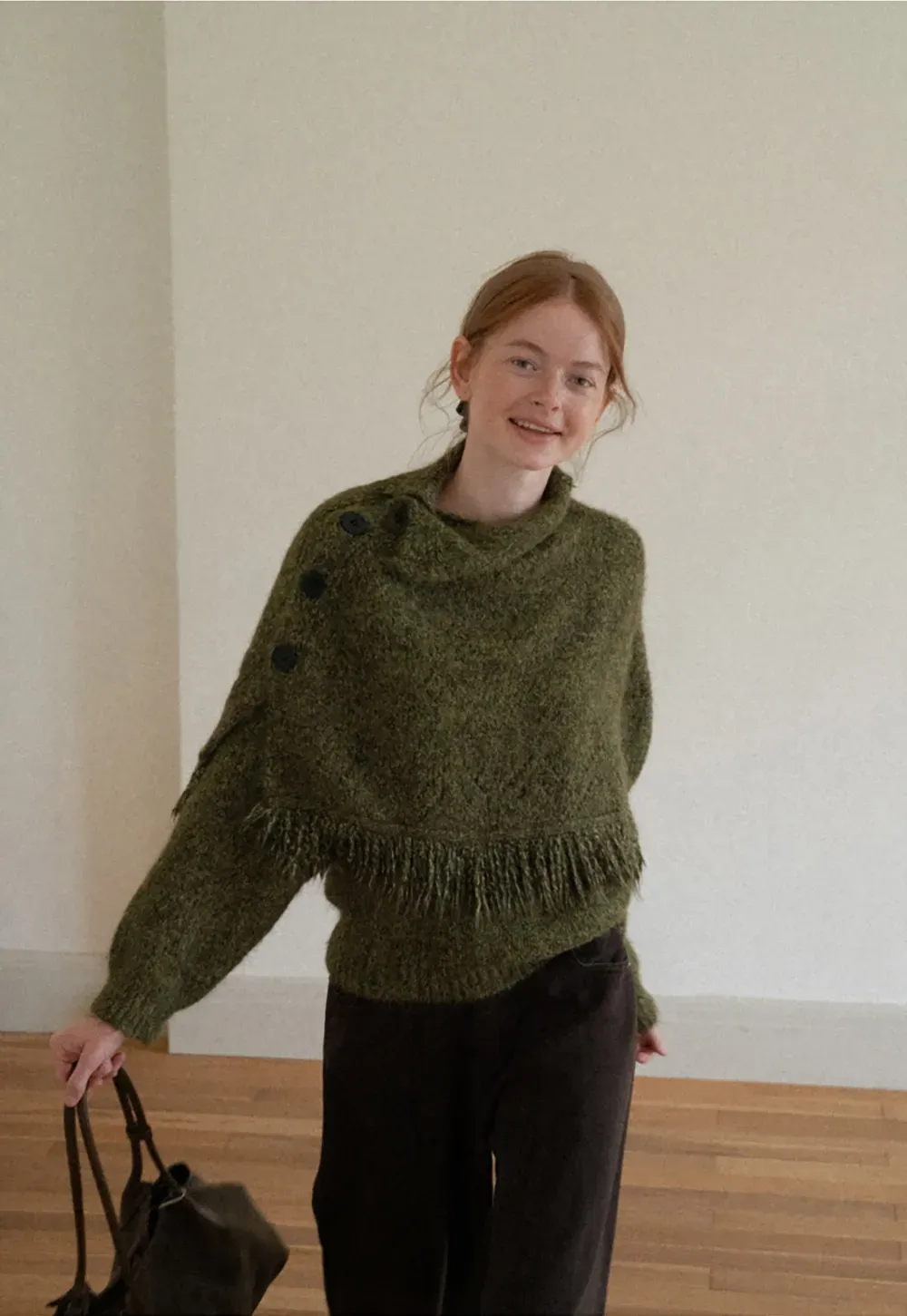 Asymmetrical Buttoned Cowl Neck Oversized Knit Sweater