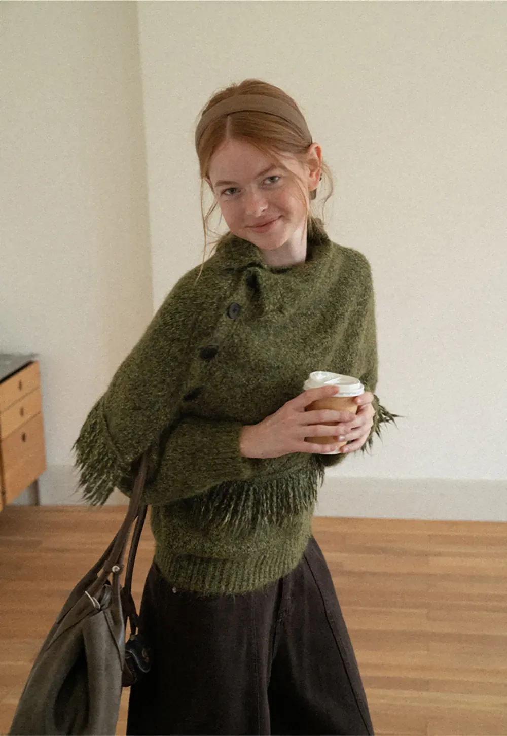 Asymmetrical Buttoned Cowl Neck Oversized Knit Sweater