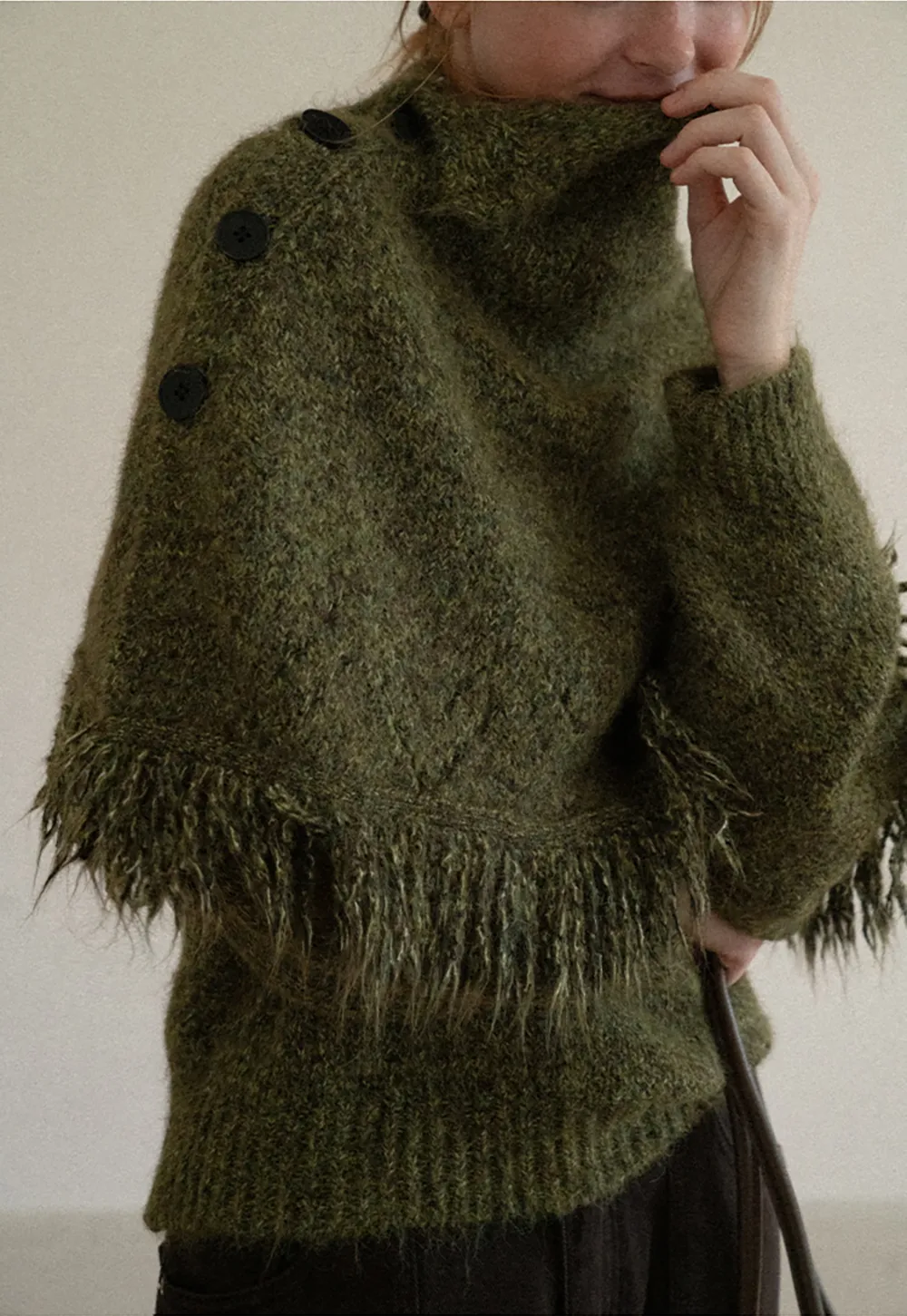 Asymmetrical Buttoned Cowl Neck Oversized Knit Sweater