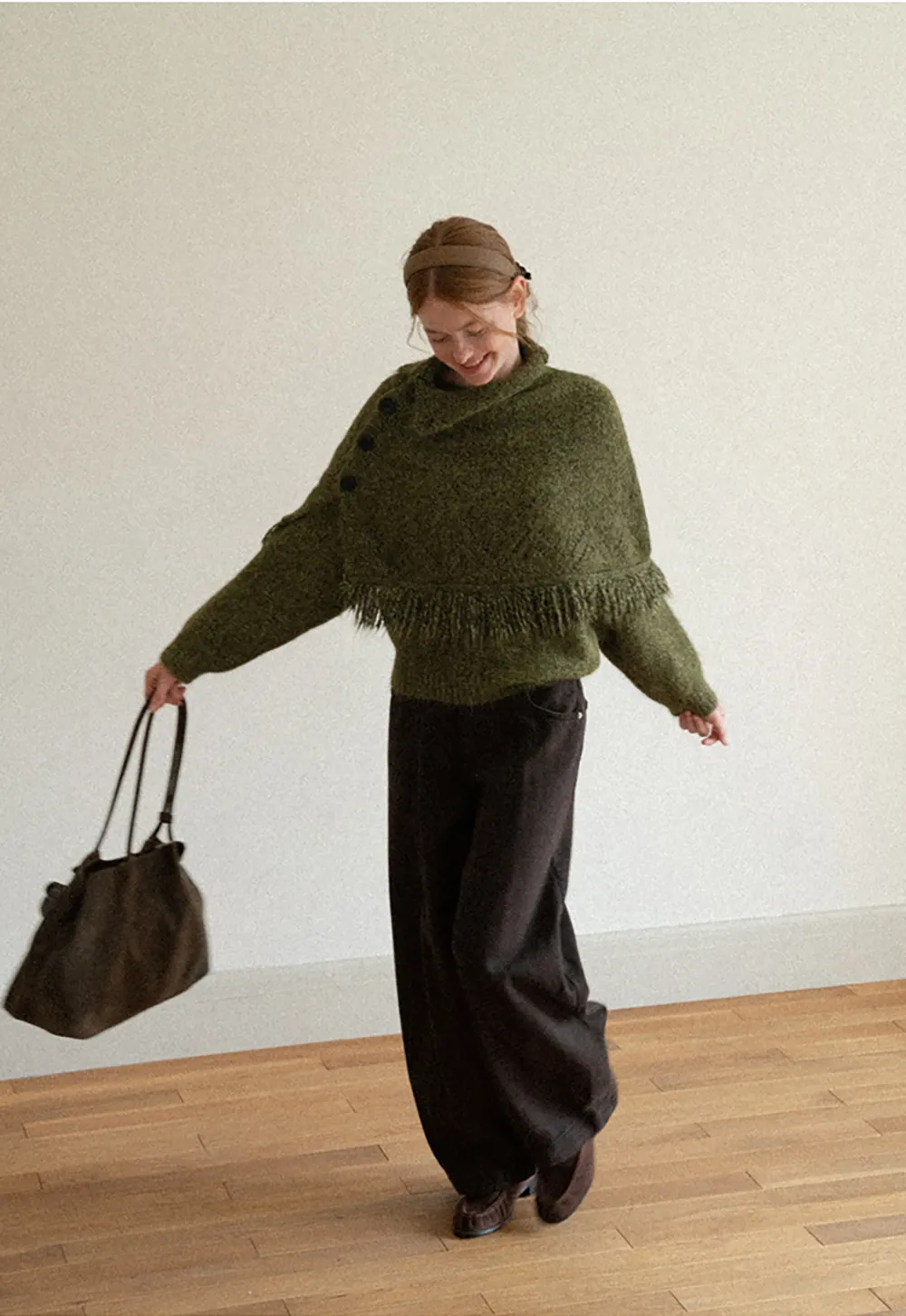 Asymmetrical Buttoned Cowl Neck Oversized Knit Sweater