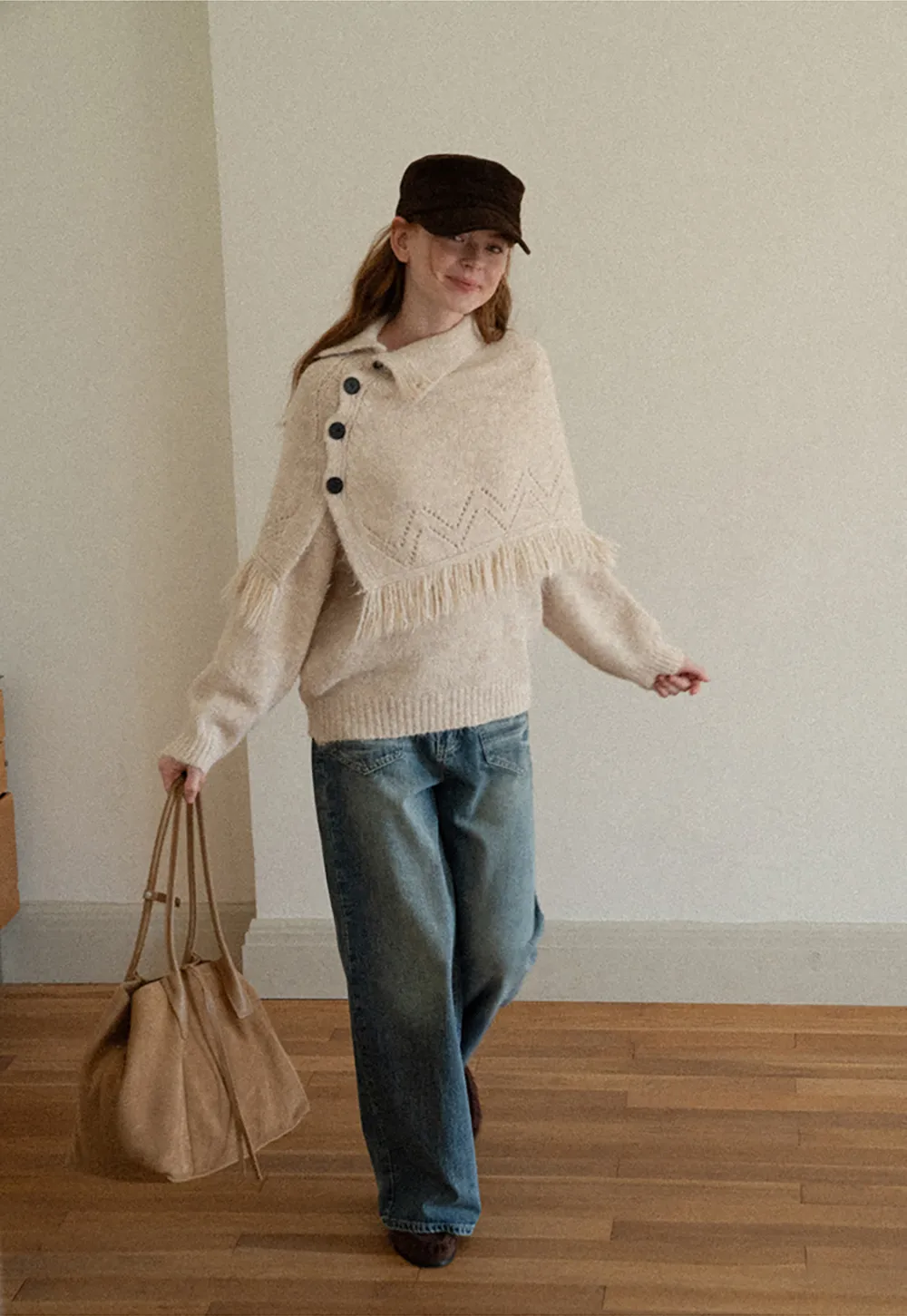 Asymmetrical Buttoned Cowl Neck Oversized Knit Sweater