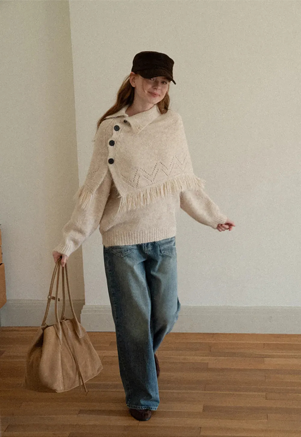 Asymmetrical Buttoned Cowl Neck Oversized Knit Sweater
