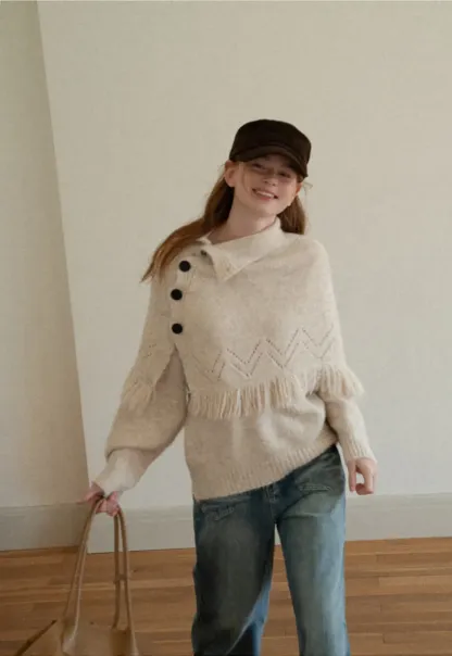 Asymmetrical Buttoned Cowl Neck Oversized Knit Sweater