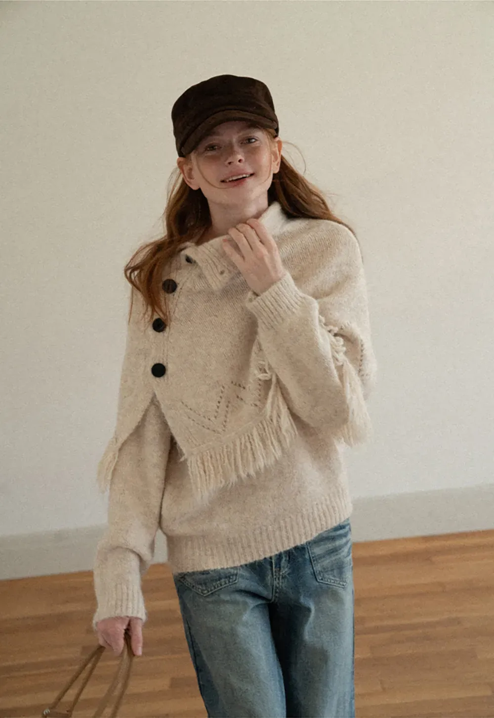Asymmetrical Buttoned Cowl Neck Oversized Knit Sweater