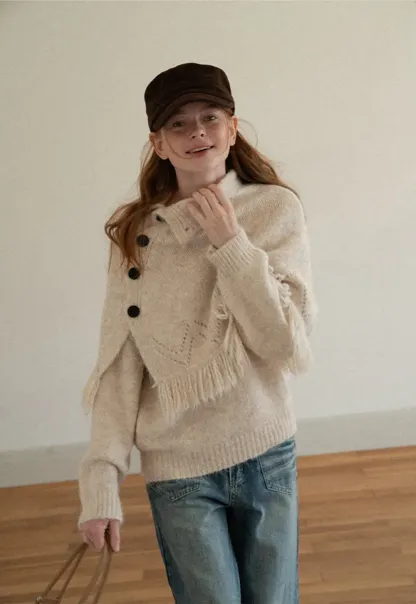 Asymmetrical Buttoned Cowl Neck Oversized Knit Sweater