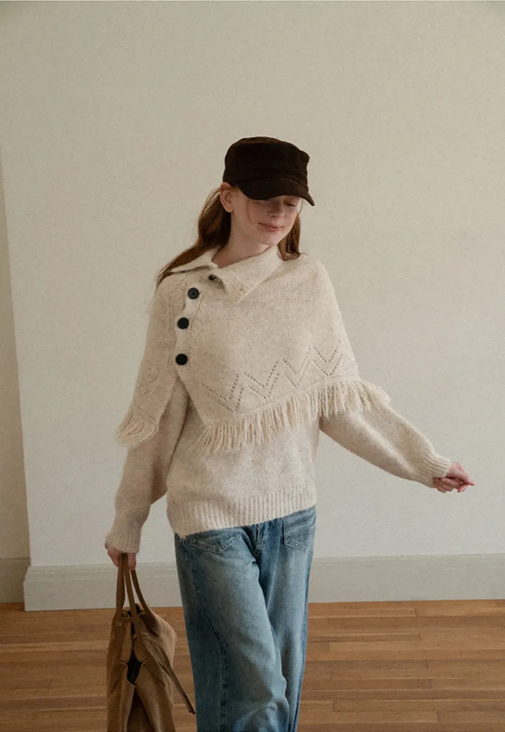 Asymmetrical Buttoned Cowl Neck Oversized Knit Sweater