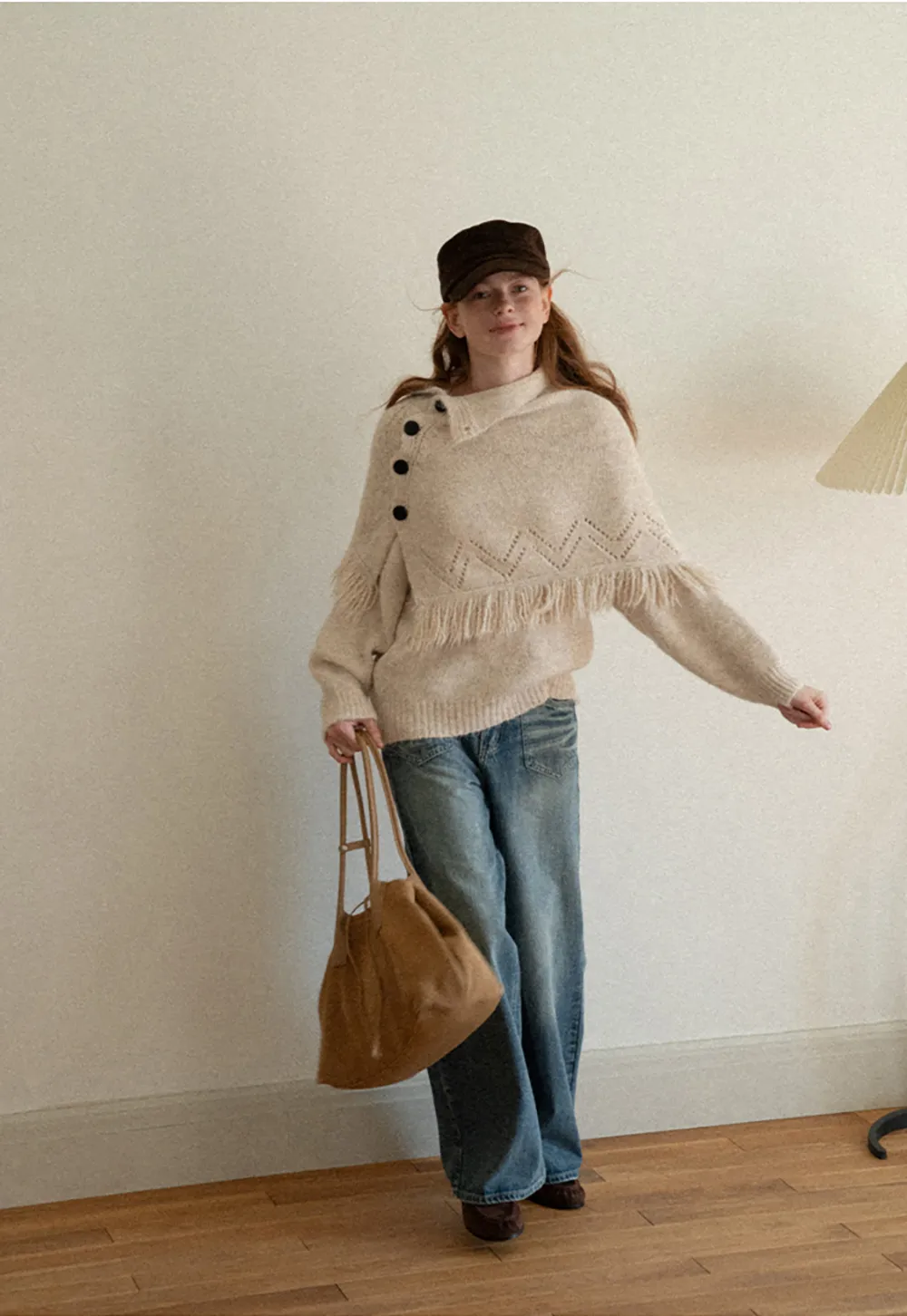 Asymmetrical Buttoned Cowl Neck Oversized Knit Sweater