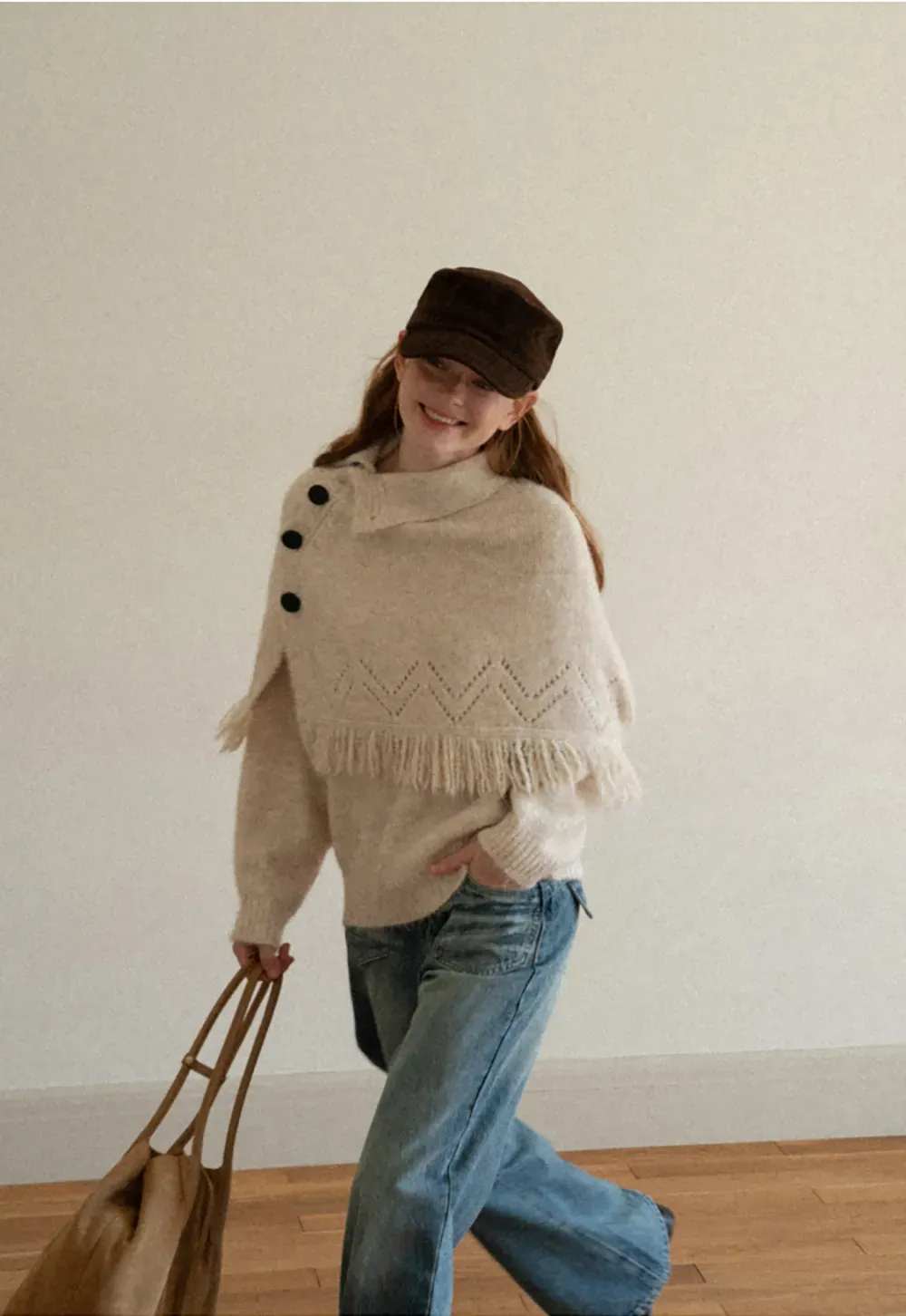 Asymmetrical Buttoned Cowl Neck Oversized Knit Sweater
