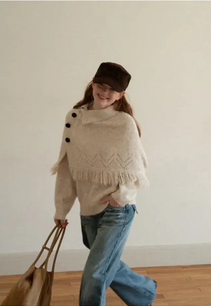 Asymmetrical Buttoned Cowl Neck Oversized Knit Sweater