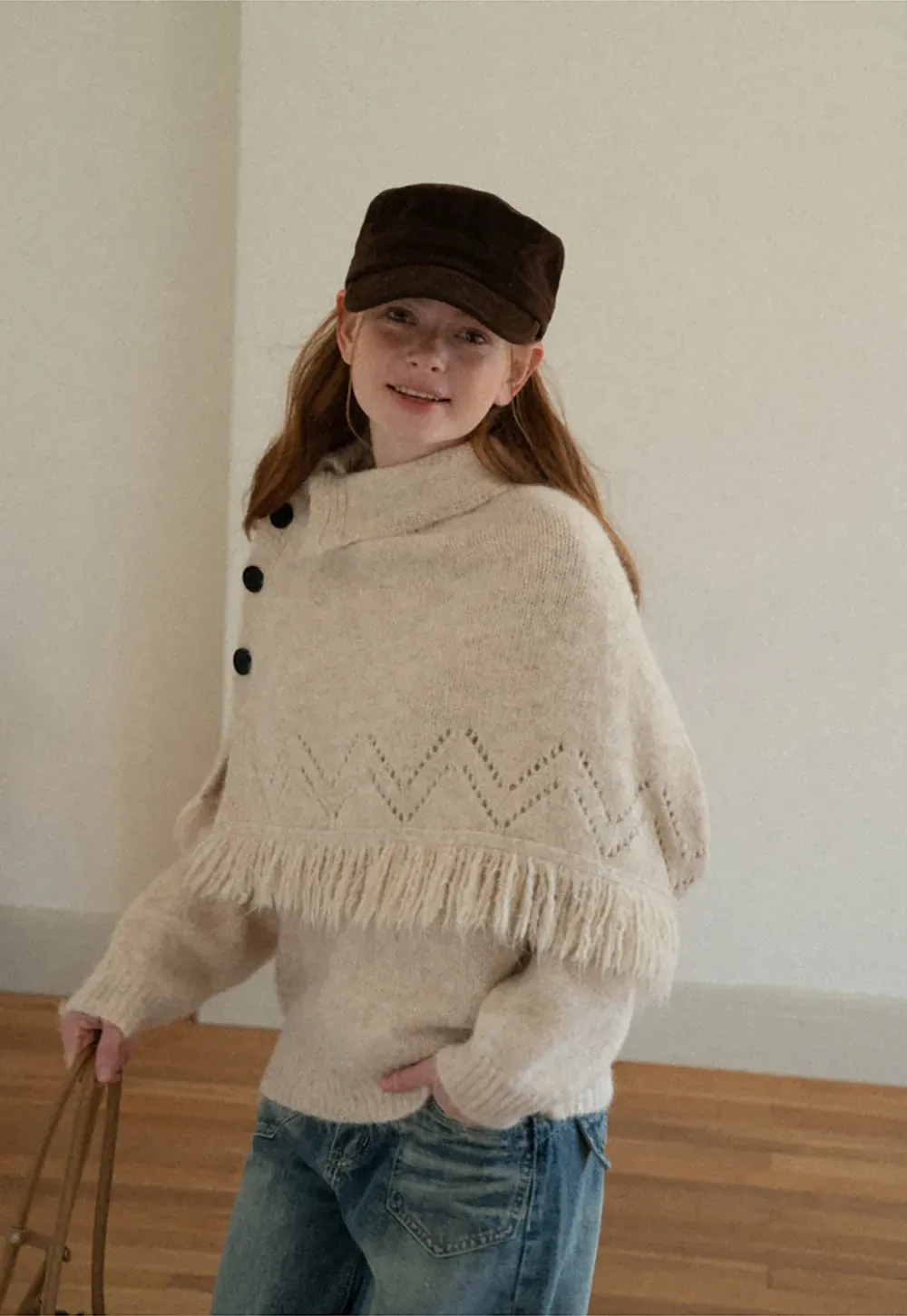 Asymmetrical Buttoned Cowl Neck Oversized Knit Sweater