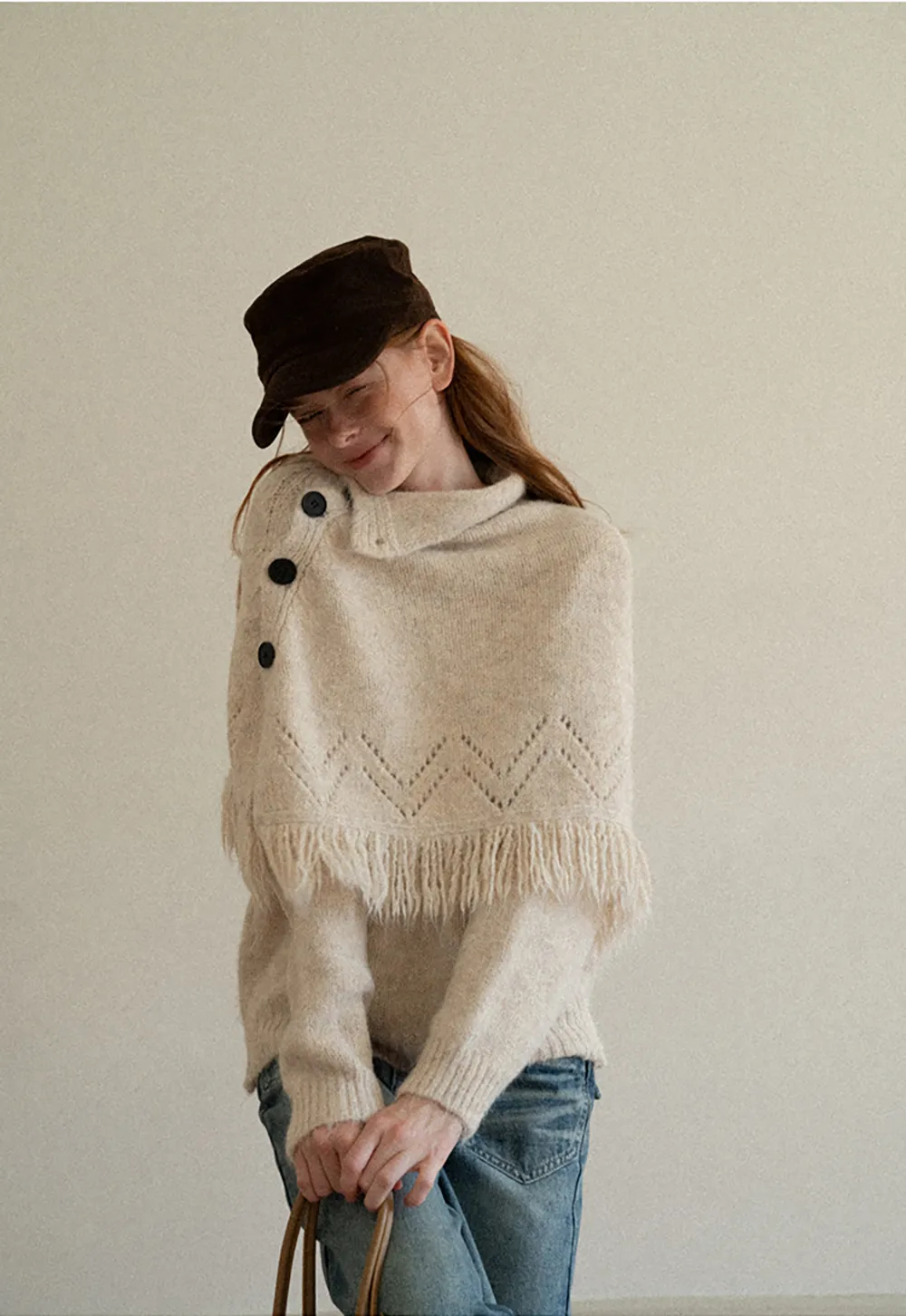 Asymmetrical Buttoned Cowl Neck Oversized Knit Sweater