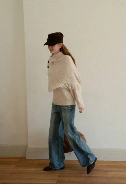 Asymmetrical Buttoned Cowl Neck Oversized Knit Sweater